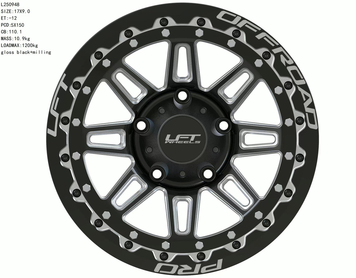 LFT Wheels M1-MOTION Black Polished Offroad Wheel Front -12 Offset