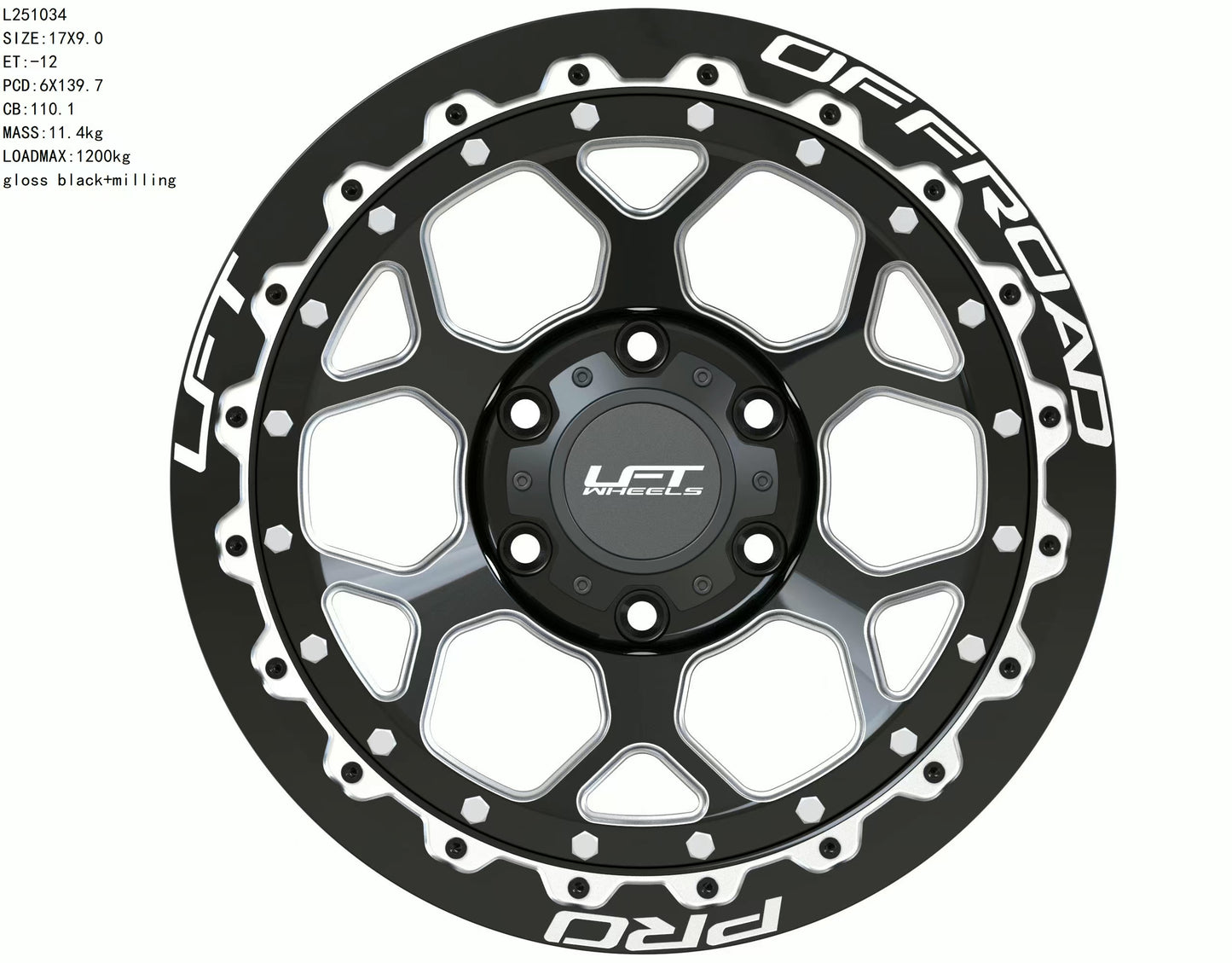 LFT Wheels H1-HEX Black Polished Offroad Wheel Front -12 Offset
