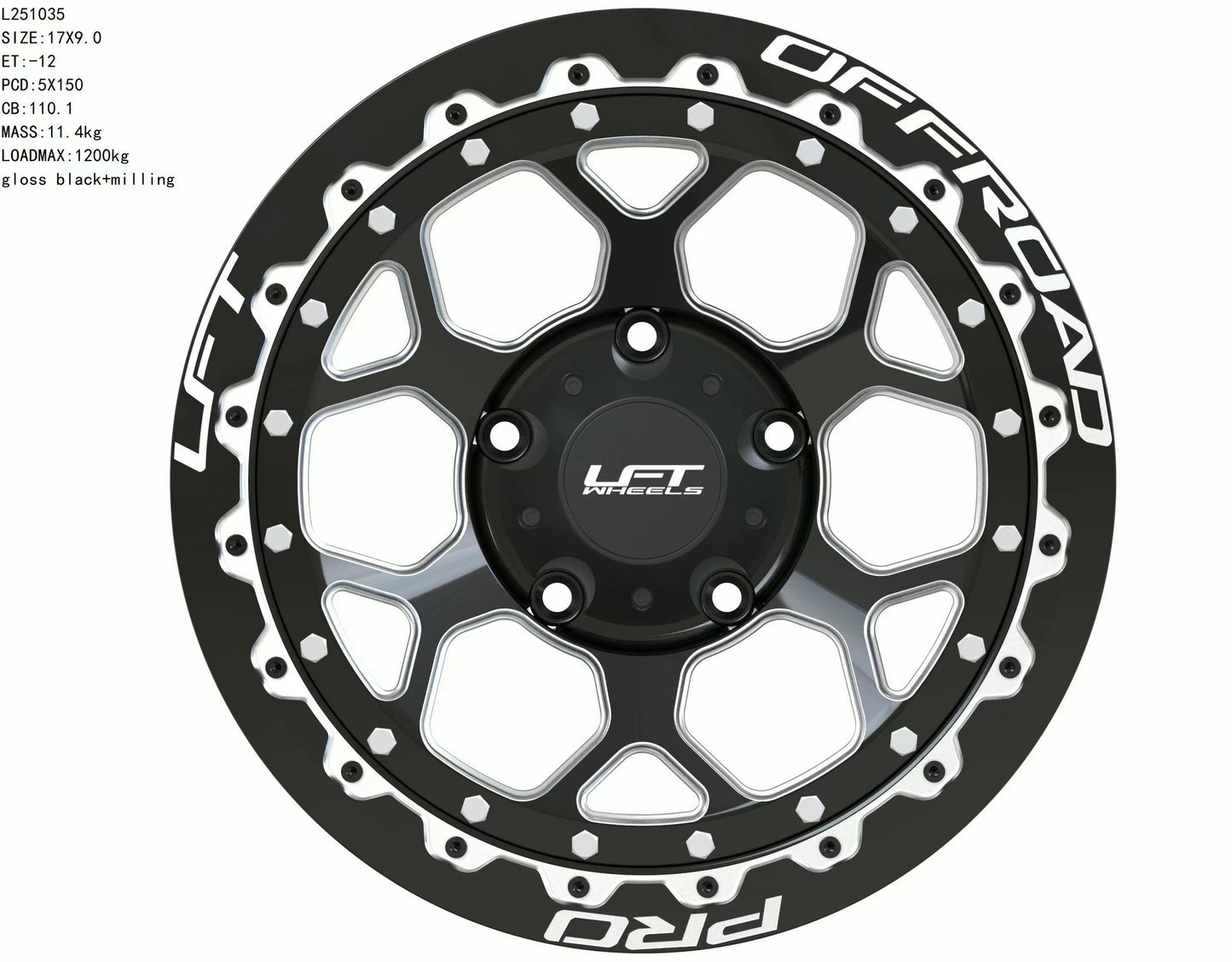 LFT Wheels H1-HEX Black Polished Offroad Wheel Front -12 Offset