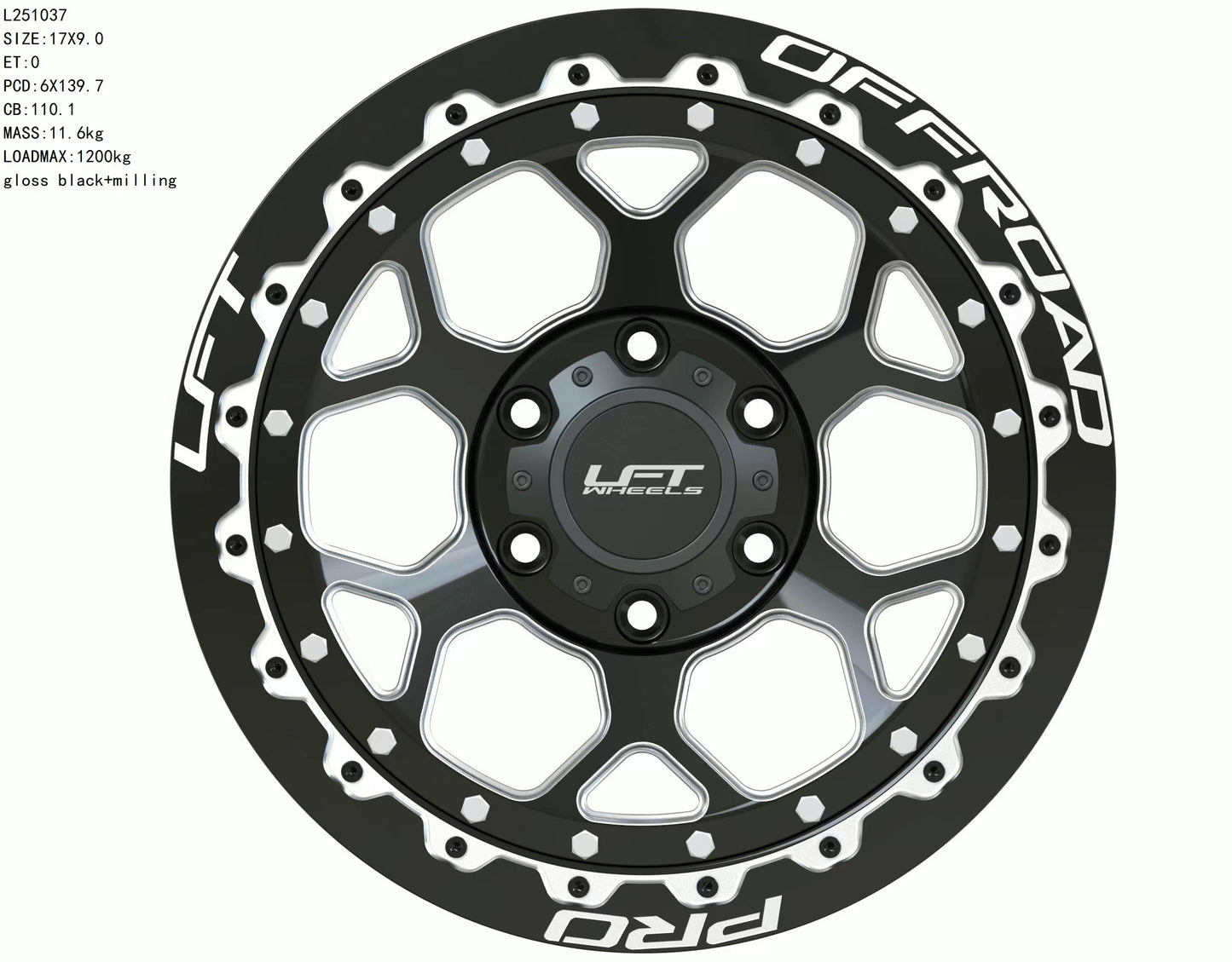 LFT Wheels H1-HEX Black Polished Offroad Wheel Front 0 Offset