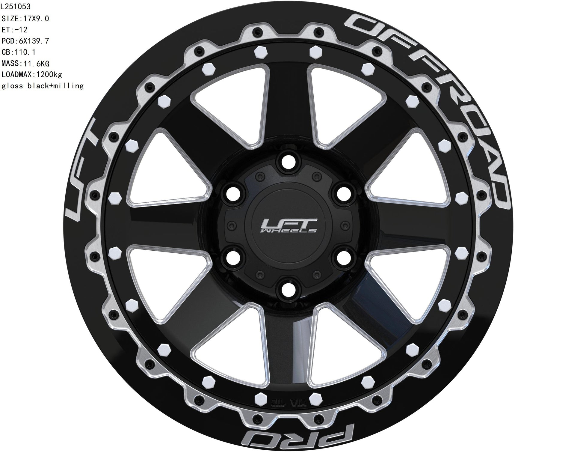 LFT Wheels R1-REBEL Black Polished Offroad Wheel Front -12 Offset