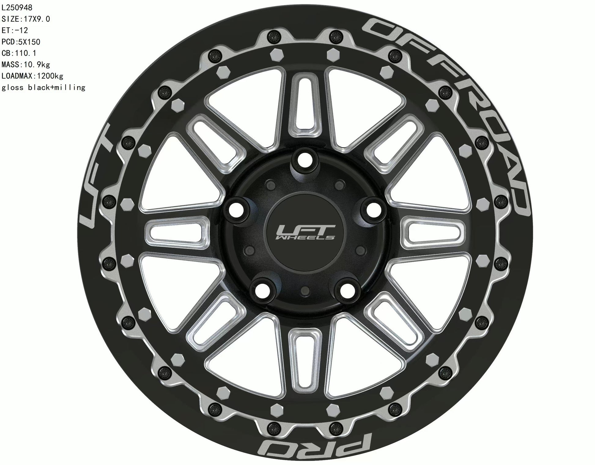 LFT Wheels M1-MOTION Black Polished Offroad Wheel Front -12 Offset