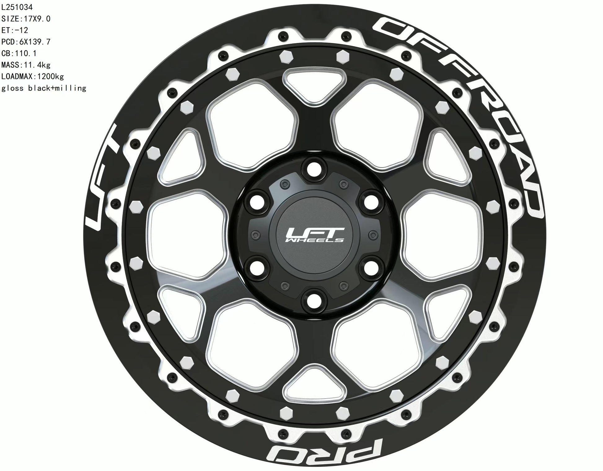 LFT Wheels H1-HEX Black Polished Offroad Wheel Front -12 Offset