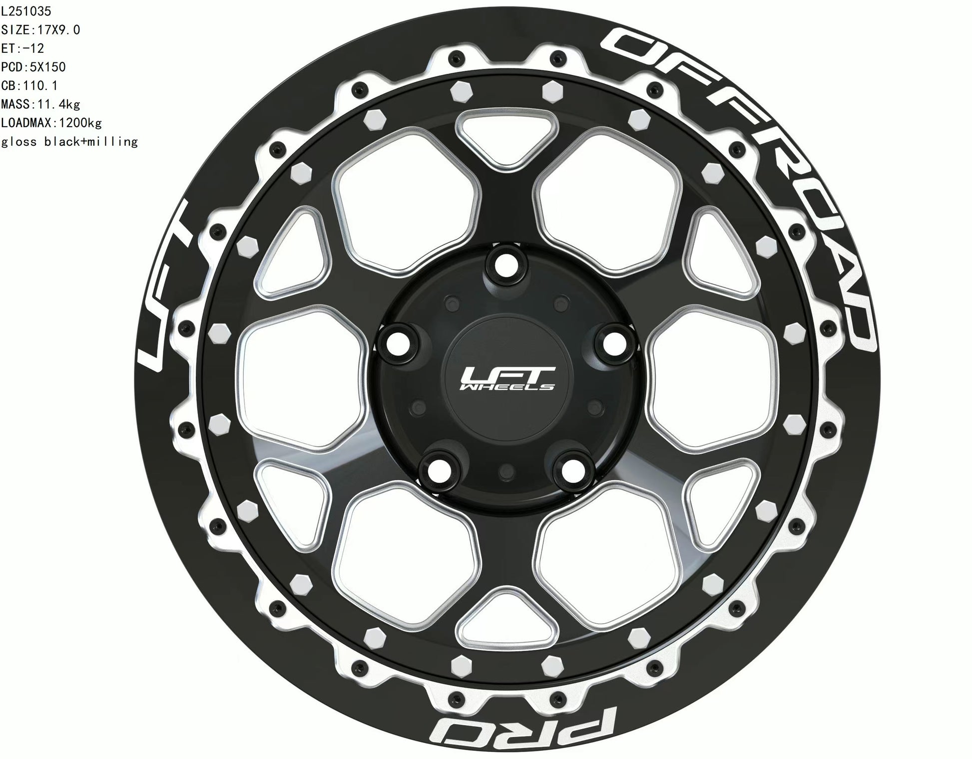 LFT Wheels H1-HEX Black Polished Offroad Wheel Front -12 Offset