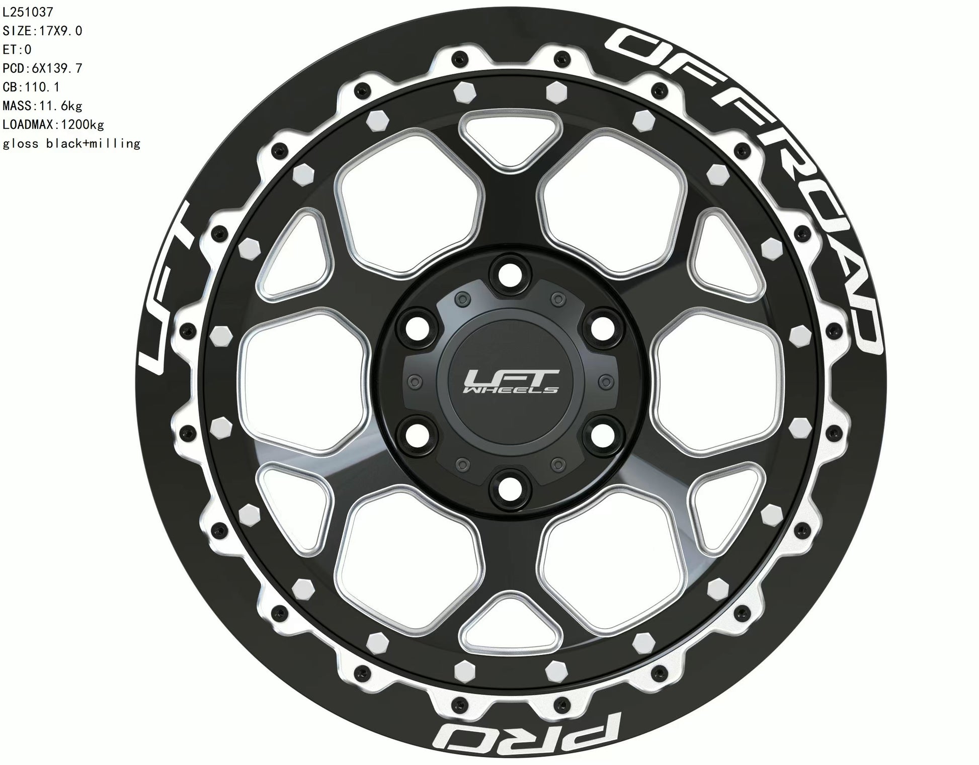 LFT Wheels H1-HEX Black Polished Offroad Wheel Front 0 Offset