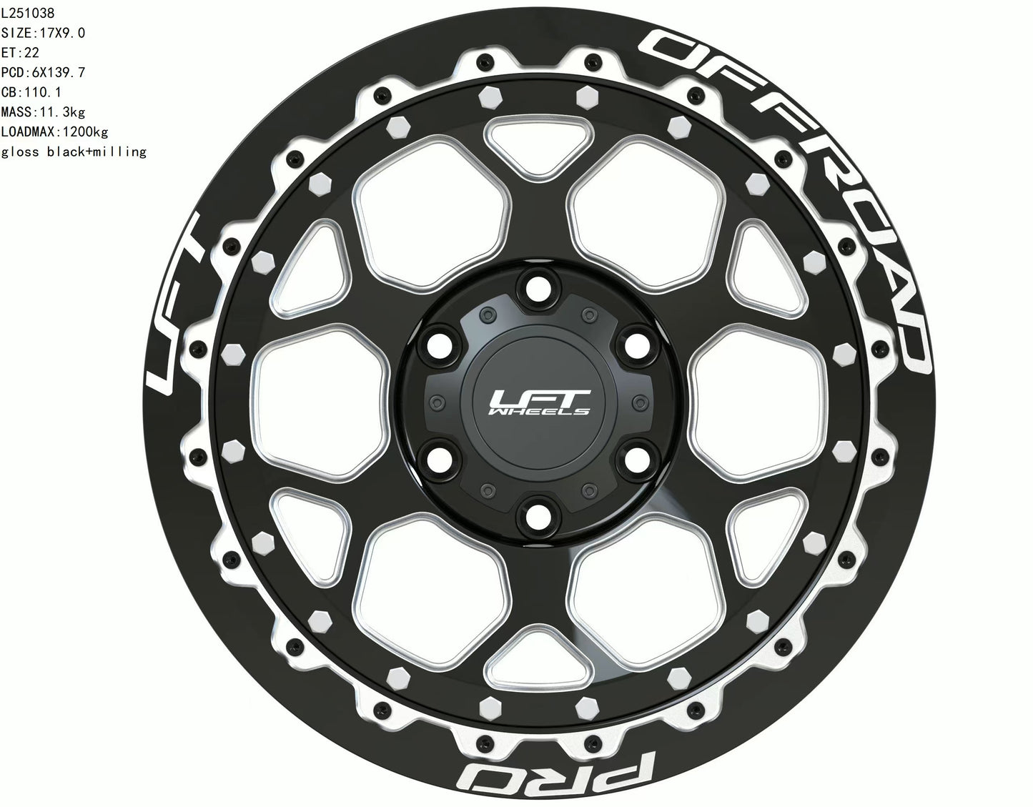 LFT Wheels H1-HEX Black Polished Offroad Wheel Front +22 Offset
