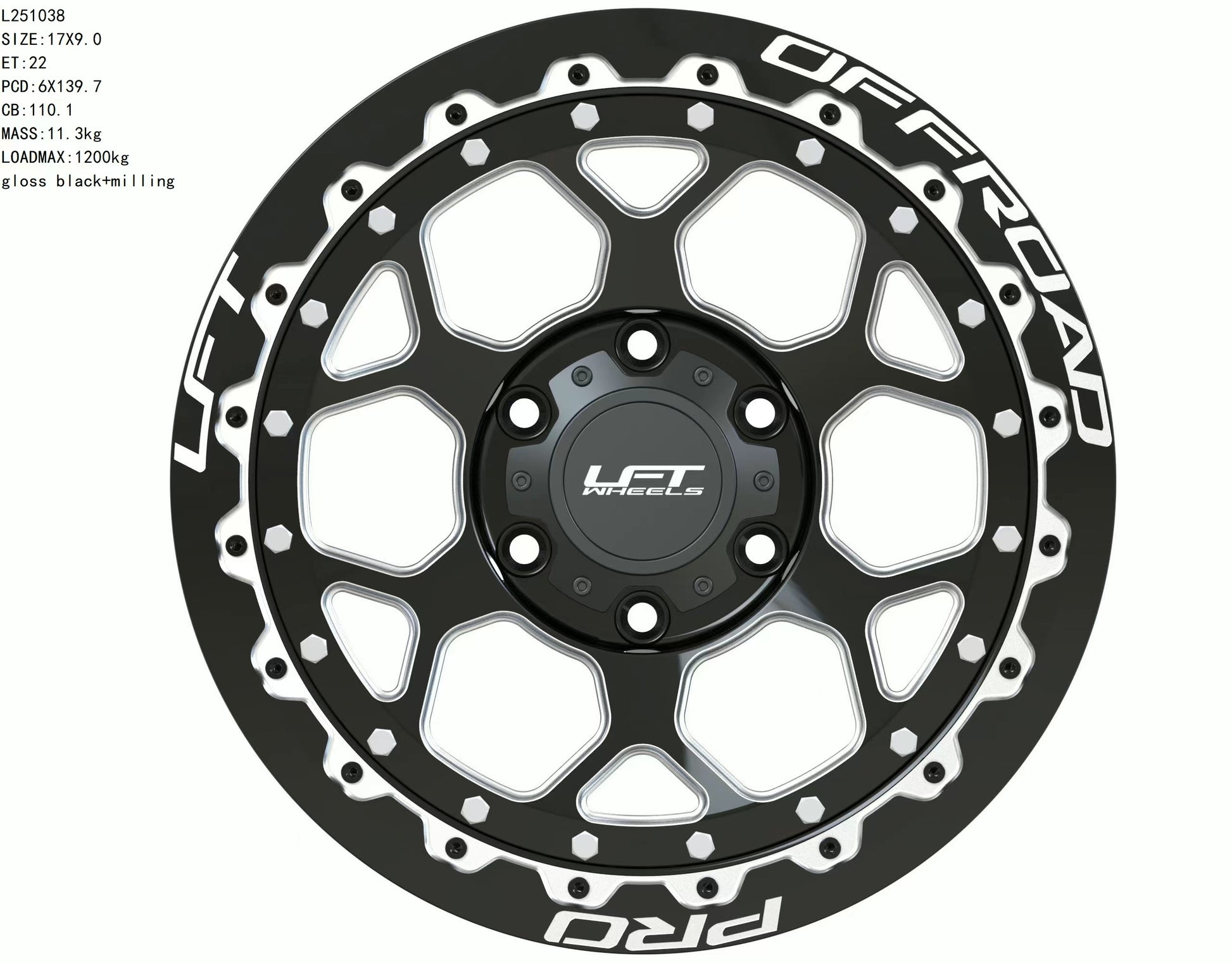 LFT Wheels H1-HEX Black Polished Offroad Wheel Front +22 Offset