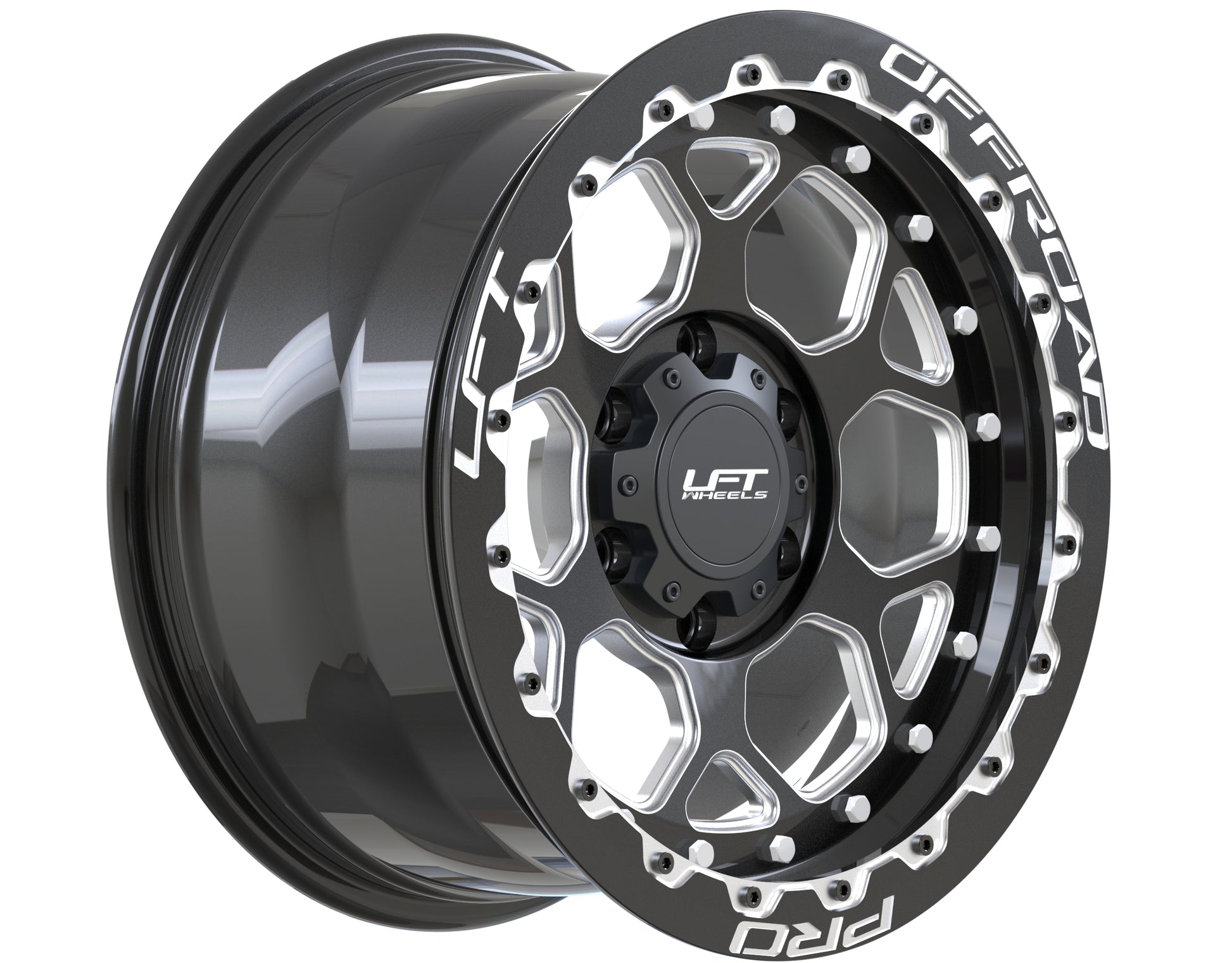 LFT Wheels H1-HEX Black Polished Offroad Wheel Angled +22 Offset