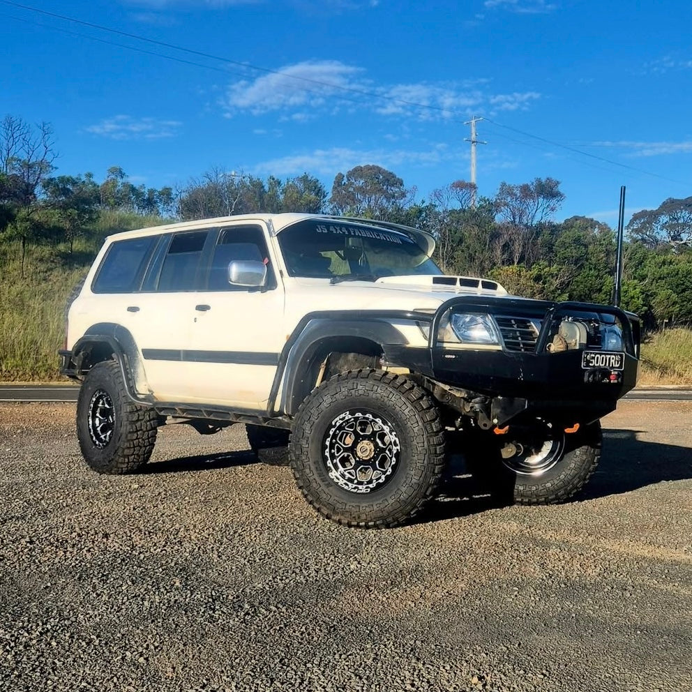 2002 GU Patrol with H1-HEX LFT Wheels side angle 4x4 17x9 -12mm offset white