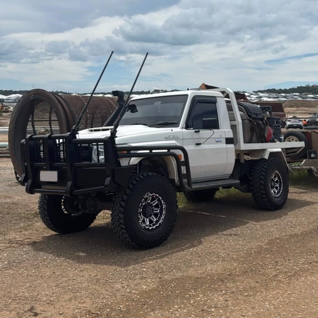 Toyota 79 Series Landcruiser with M1-MOTION LFT Wheels side angle 4x4 17x9 -12mm offset white single cab