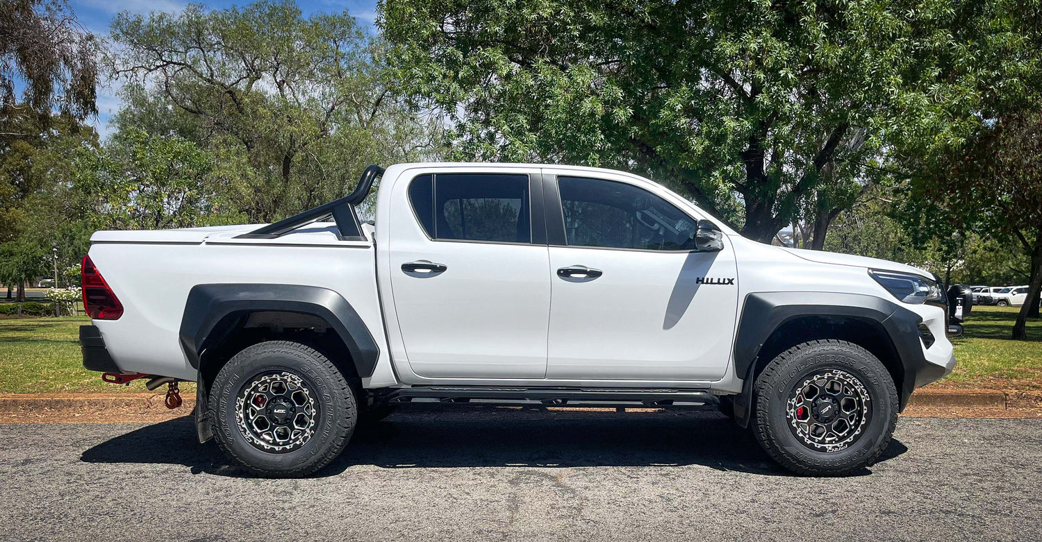 2025 GR Sport Hilux with H1-HEX LFT Wheels side angle 4x4